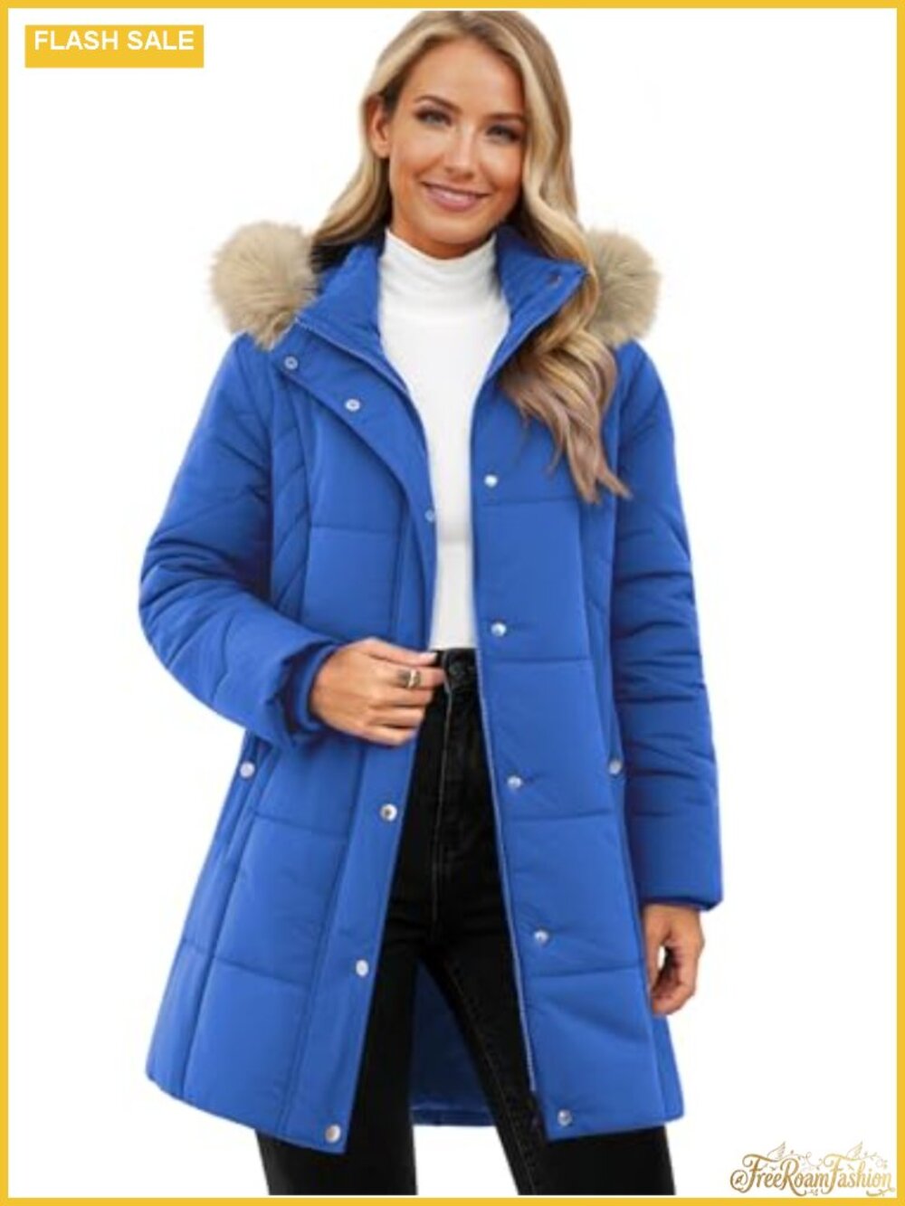 Women's Long Puffer Coat Removable Faux Fur Hood Quilted Parka